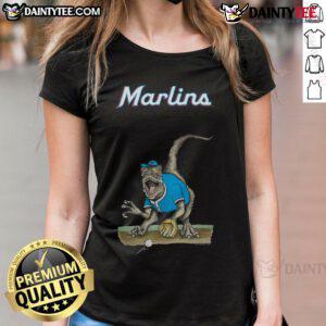 Awesome Miami Marlins Tiny Turnip Velociraptor Ladies Tee featuring vibrant design and comfortable fit for fans.