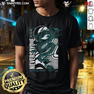 Awesome Nsdr Draco Never Say Die Records London UK Worldwide Dragon T-Shirt featuring a vibrant dragon graphic design.
