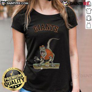 Awesome San Francisco Giants Tiny Turnip Velociraptor Ladies Tee featuring a fun dinosaur graphic and team colors.
