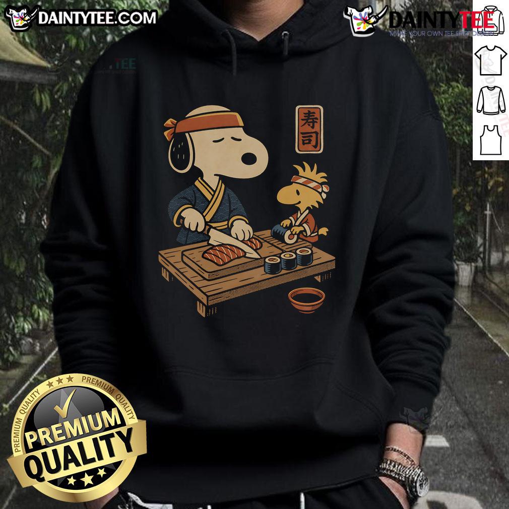 Awesome Sushi Tomodachi Club hoodie featuring Snoopy and Woodstock, perfect for fans of stylish anime apparel.