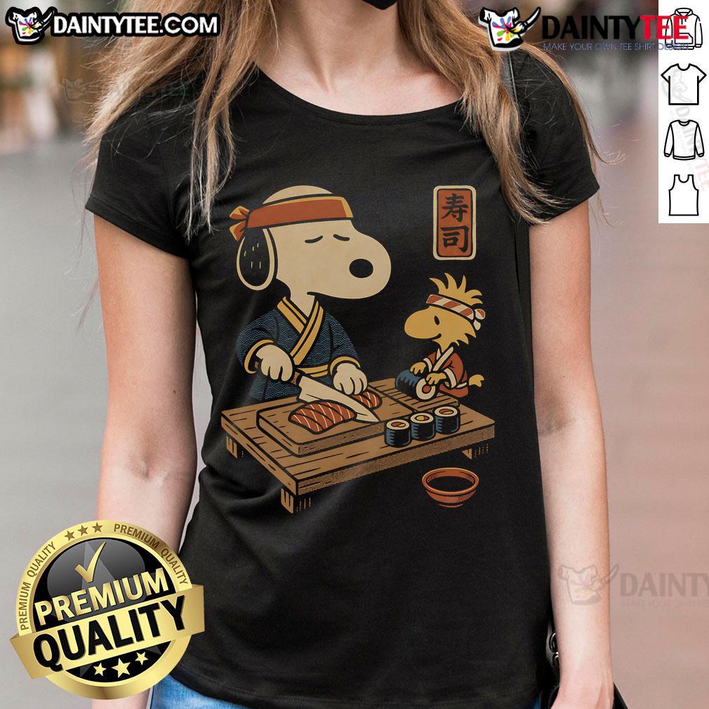 Alt Text: Awesome Sushi Tomodachi Club tee featuring Snoopy and Woodstock, perfect for sushi lovers and Peanuts fans.