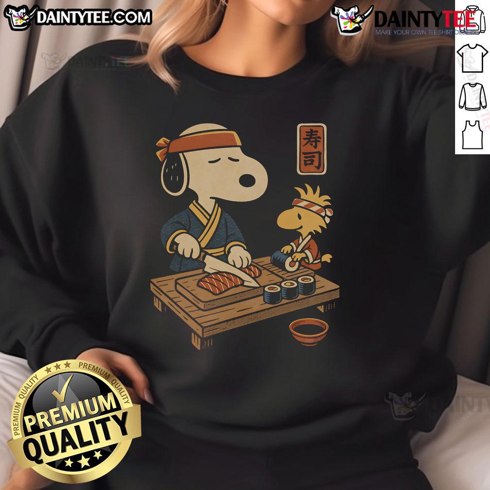 Awesome Sushi Tomodachi Club sweatshirt featuring Snoopy and Woodstock, perfect for sushi lovers and Peanuts fans.