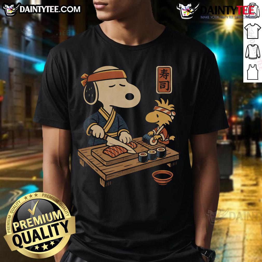 Awesome Sushi Tomodachi Club T-Shirt featuring Snoopy and Woodstock enjoying sushi together.