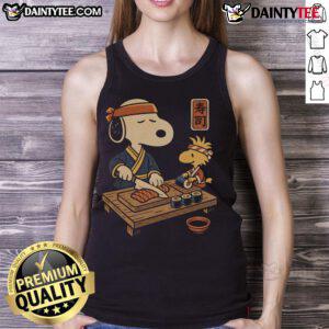 Alt Text: Awesome Sushi Tomodachi Club tank top featuring Snoopy and Woodstock, perfect for sushi lovers and Peanuts fans.
