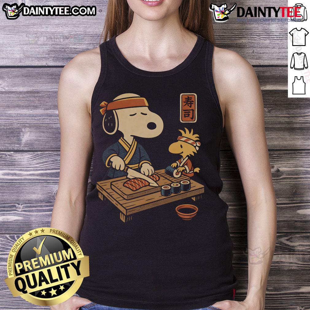 Alt Text: Awesome Sushi Tomodachi Club tank top featuring Snoopy and Woodstock, perfect for sushi lovers and Peanuts fans.