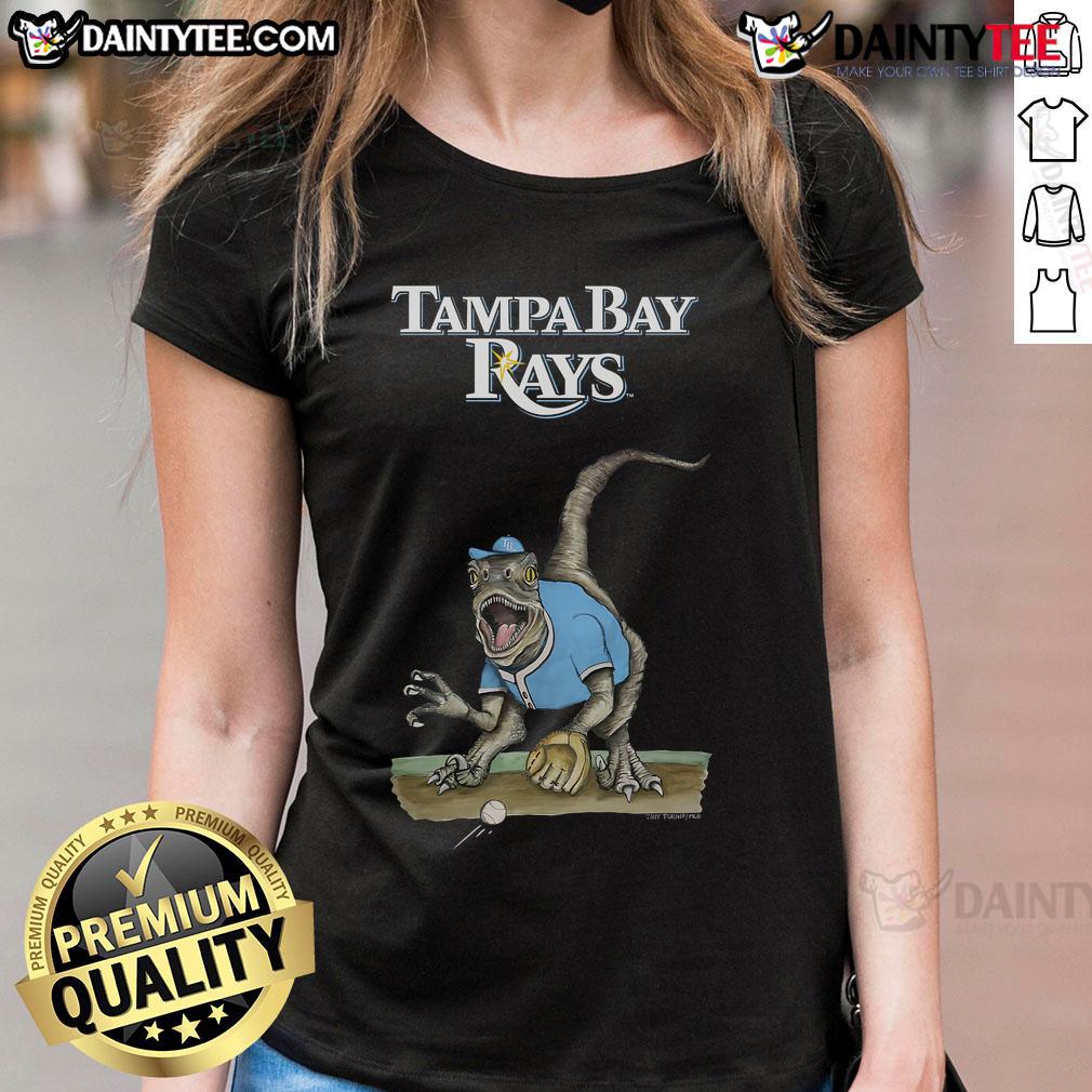 Awesome Tampa Bay Rays Tiny Turnip Velociraptor ladies tee featuring a playful dinosaur design for passionate fans.