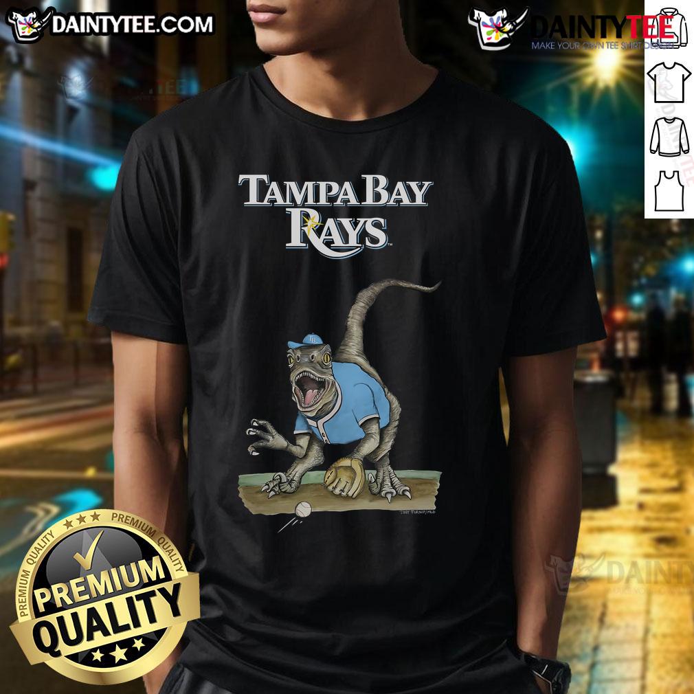 Awesome Tampa Bay Rays Tiny Turnip Velociraptor T-Shirt featuring a fun dinosaur design perfect for young fans.