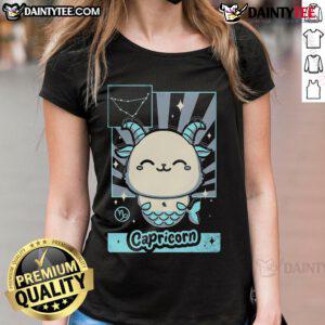 Alt Text: Cute astrology kawaii zodiac Capricorn ladies tee featuring a playful design and vibrant colors for stylish fans.