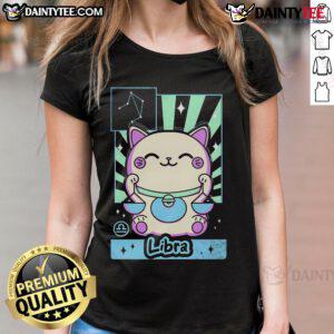 Cute astrology kawaii Libra ladies tee featuring adorable zodiac designs and pastel colors, perfect for astrology lovers.