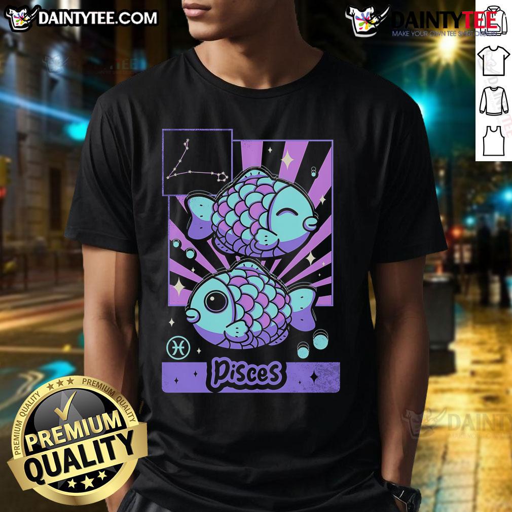 Alt Text: Cute Astrology Kawaii Zodiac Pisces T-Shirt featuring a whimsical design with a colorful Pisces symbol and stars.