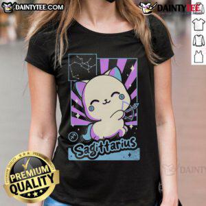 Alt Text: Kawaii Sagittarius ladies tee featuring cute astrology designs and vibrant colors, perfect for zodiac lovers.