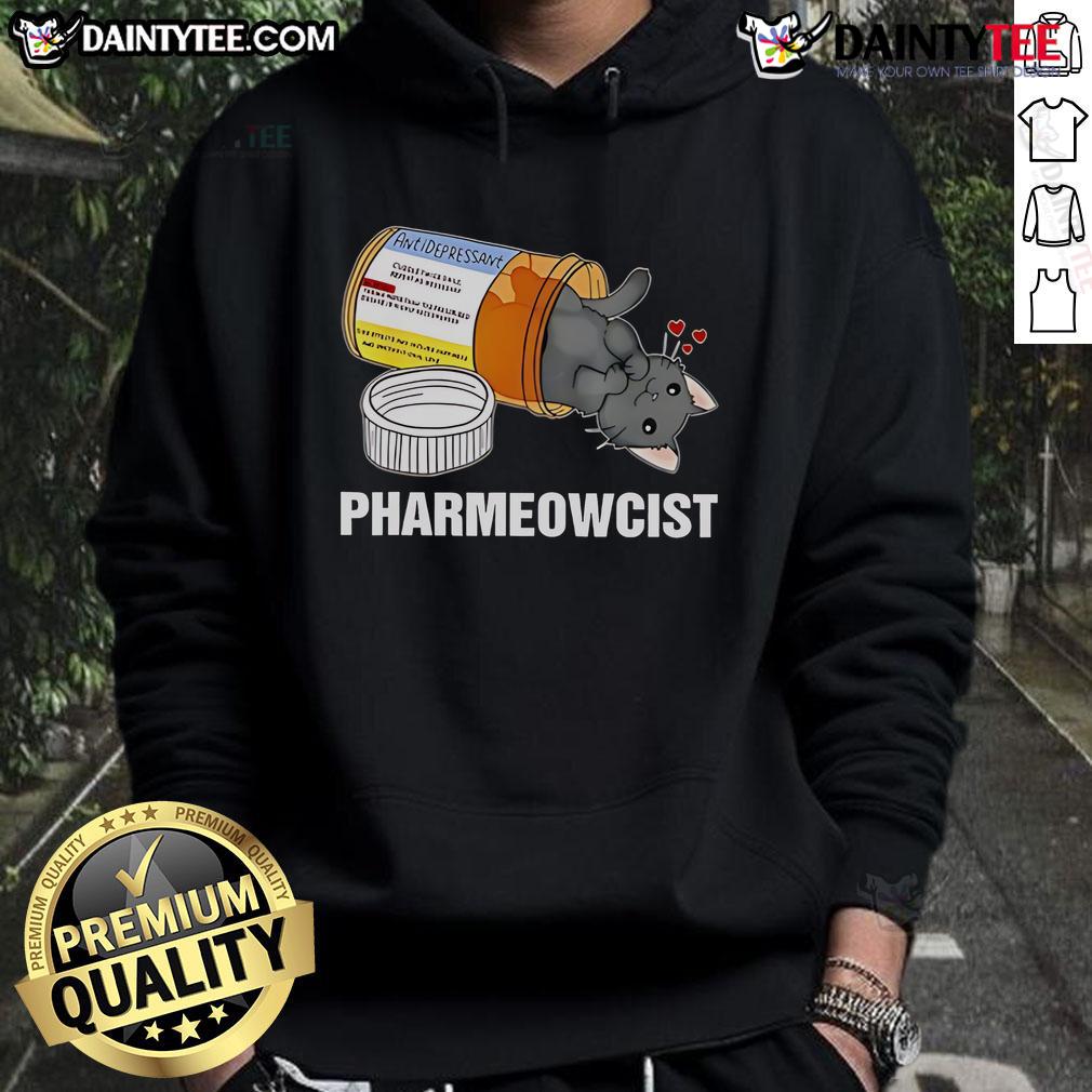 Cute black cat wearing a 'Pharmeowcist' hoodie, perfect for cat lovers and cozy fashion enthusiasts.