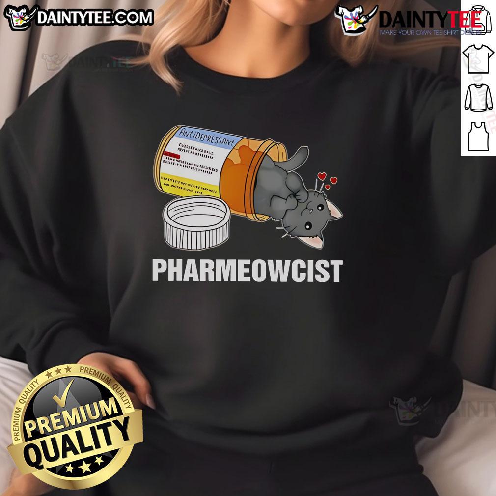Cute black cat wearing glasses on a 'Pharmeowcist' sweatshirt, perfect for cat lovers and pharmacy enthusiasts.