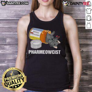 Cute black cat wearing glasses on a 'Pharmeowcist' tank top, perfect for cat lovers and pharmacy enthusiasts.