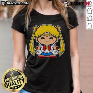 Alt Text: Cute small Ms. Sailor Chibi Usagi Tsukino from Sailor Moon on a stylish ladies tee, perfect for fans.