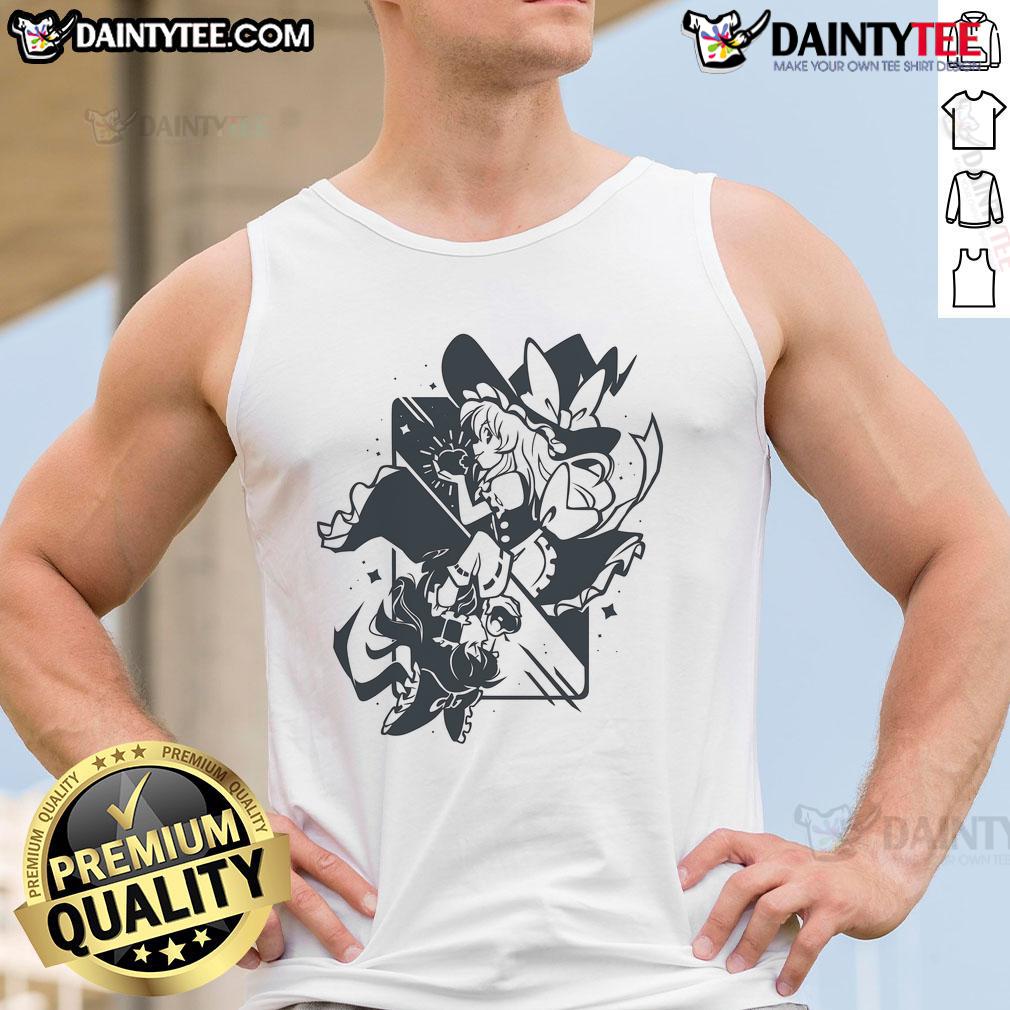 Cute Marisa Kirisame wearing a Bad Apple tank top from Touhou Project, showcasing vibrant colors and character design.