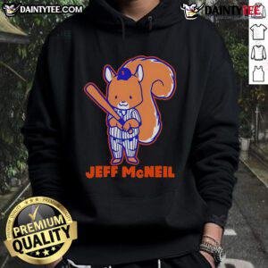 Adorable Jeff McNeil squirrel hoodie featuring New York Mets logo, perfect for fans and cozy wear.