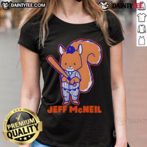 Alt Text: Cute New York Mets Jeff McNeil Squirrel Ladies Tee featuring a playful design for fans and stylish comfort.