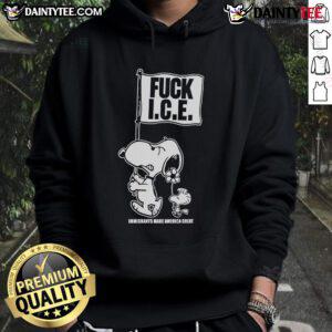 Cozy hoodie featuring cute Snoopy and Woodstock with 'Fck Ice' and 'Immigrants Make America Great' design.