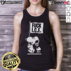 Cute Snoopy and Woodstock on a tank top with 'F*ck Ice, Immigrants Make America Great' slogan, perfect for summer.
