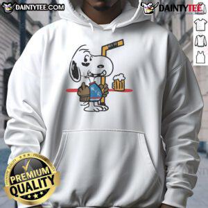 Alt Text: Cute Snoopy player in a New York Ranger hockey hoodie, playfully showing the middle finger while smoking.