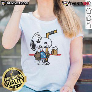 Alt Text: Cute Snoopy player in a New York Rangers jersey, humorously showing the middle finger on a ladies tee shirt.