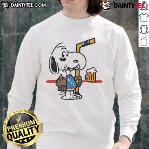 Alt Text: Cute Snoopy player in New York Ranger hockey sweatshirt, humorously showing middle finger while smoking.