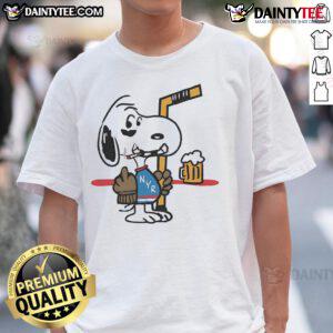 Alt Text: Cute Snoopy player New York Ranger hockey t-shirt featuring Snoopy smoking and showing the middle finger.