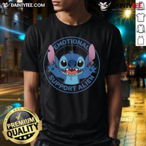 Cute Stitch Emotional Support Alien T-Shirt featuring vibrant colors and a playful design perfect for fans of the character.