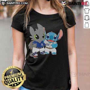 Adorable Cute Stitch and Toothless design on a New York Yankees ladies tee, perfect for fans and casual wear.