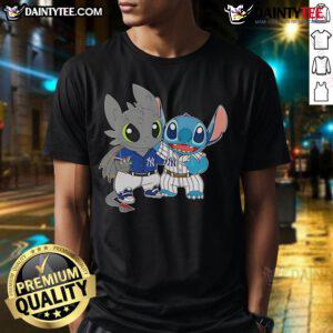 Alt Text: Cute Stitch and Toothless graphic on a New York Yankees T-shirt, perfect for fans of Disney and baseball.