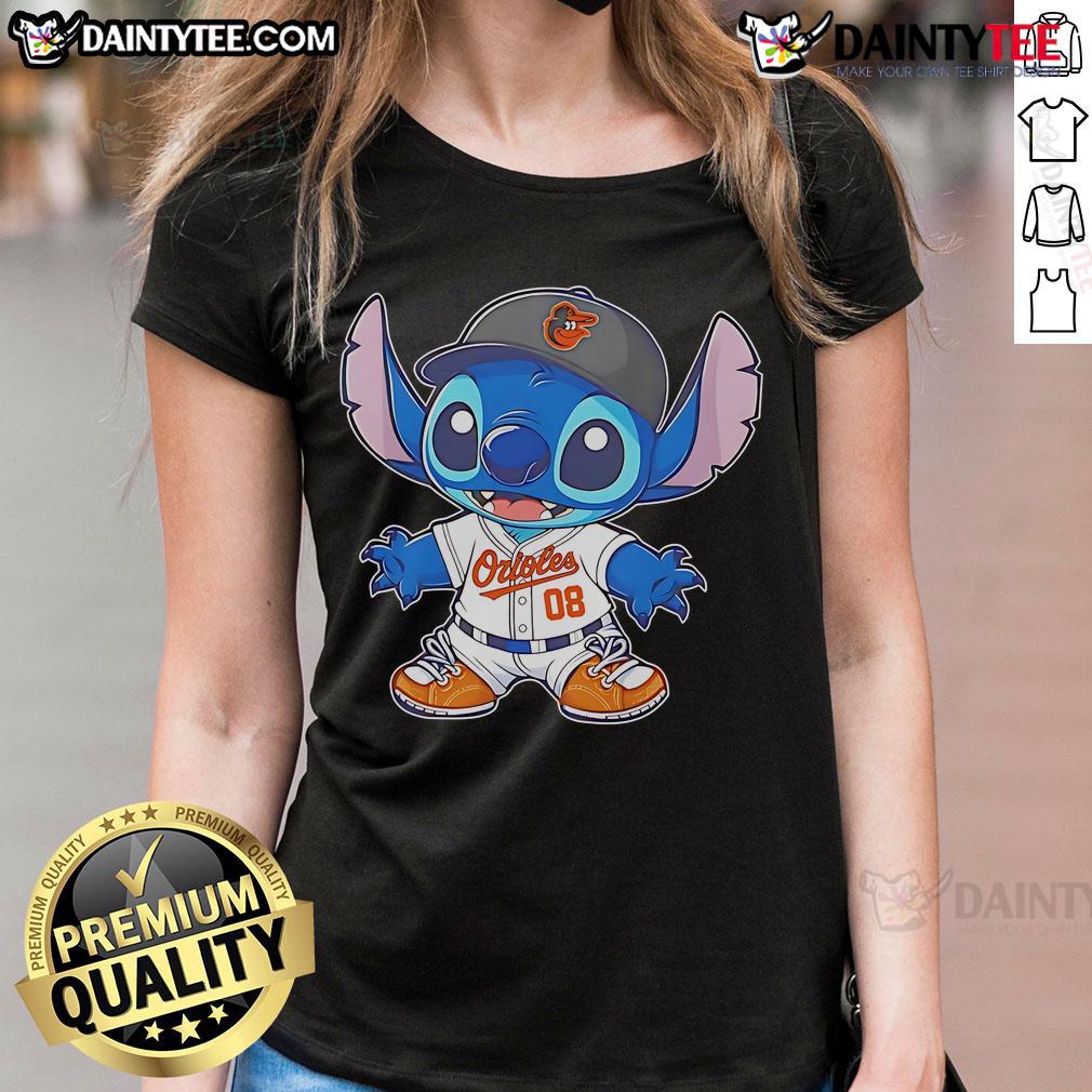 Alt Text: Cute Stitch Baltimore Orioles baseball ladies tee featuring stylish design and vibrant team colors for fans.