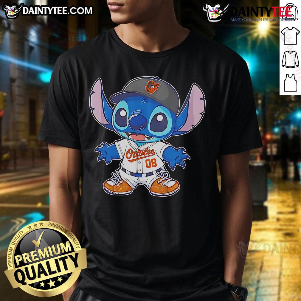 Cute Stitch Baltimore Orioles baseball t-shirt featuring vibrant team colors and a stylish design for fans.
