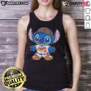 Alt Text: Cute Stitch Baltimore Orioles baseball tank top featuring vibrant team colors and a stylish design for fans.