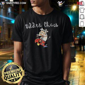 Alt Text: Adorable 'Cute Udder Chaos Space Cow T-Shirt' featuring a whimsical cow in a space setting with vibrant colors.