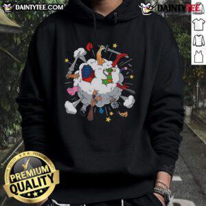Funny 80s cartoon fight hoodie featuring vibrant graphics of classic characters in a humorous battle scene.
