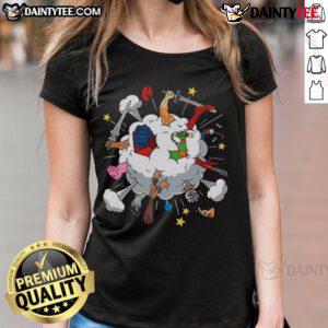 Funny 80s Cartoon Fight Ladies Tee featuring vibrant graphics of iconic female characters in a playful battle scene.