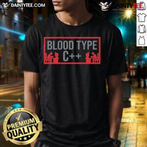 Funny Blood Type C++ Programmer T-Shirt design featuring humor and coding graphics for tech enthusiasts and programmers.