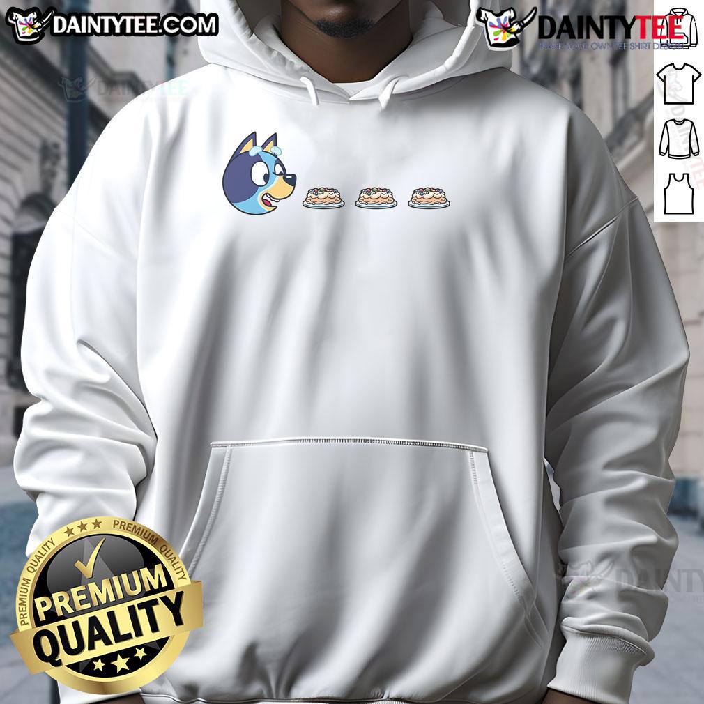Funny Blu Man in Bluey Pac-Man Hoodie, showcasing a playful design with vibrant colors and fun graphics.