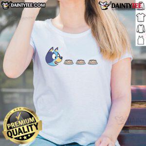 Funny Blu Man design on Bluey Pac-Man Ladies Tee, featuring playful graphics and vibrant colors for casual wear.