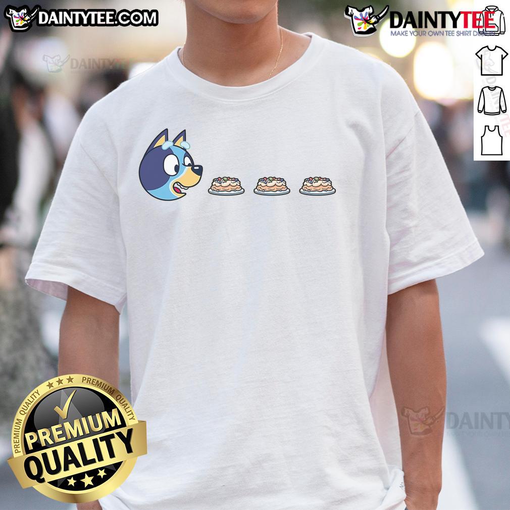Alt Text: Funny Blu-Man Bluey Pac-Man T-Shirt featuring a playful design of Blu-Man inspired by Pac-Man in vibrant colors.