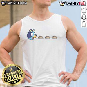 Funny Blu Man wearing a Bluey Pac-Man tank top, showcasing a playful and vibrant design perfect for casual wear.