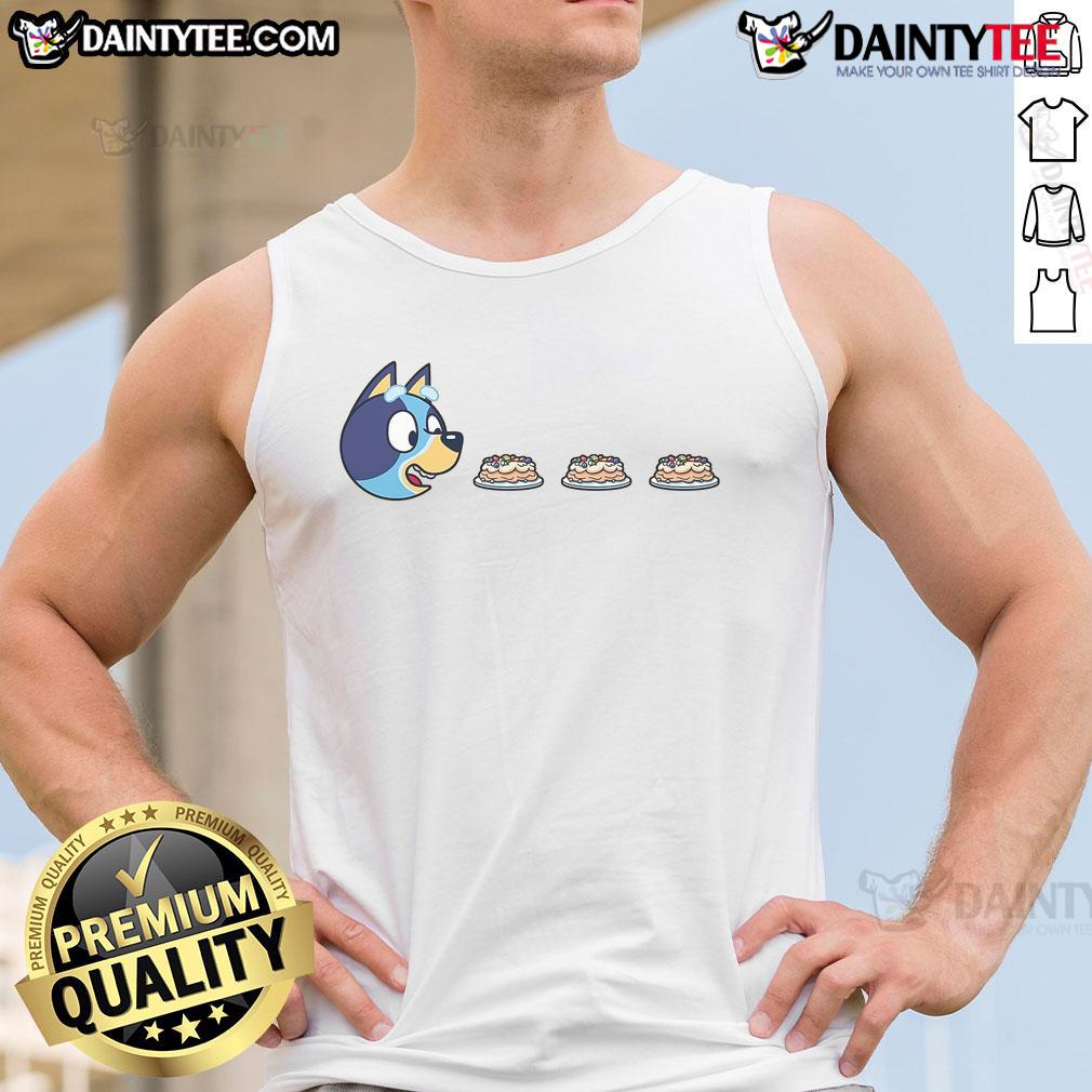 Funny Blu Man wearing a Bluey Pac-Man tank top, showcasing a playful and vibrant design perfect for casual wear.