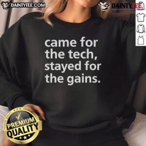 Funny Came For The Tech Stayed For The Gains Sweatshirt featuring a humorous graphic and comfortable design for tech lovers.