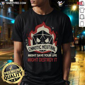 Funny Chaotic Neutral D&D dice T-shirt featuring playful design; perfect for tabletop gamers and RPG enthusiasts.