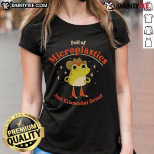 Funny frog shirt depicting a frog full of microplastics and existential dread, perfect for eco-conscious fashion lovers.