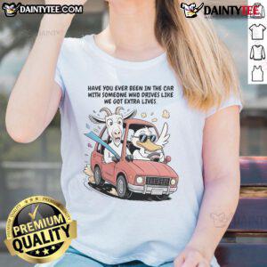 Funny goat and duck riding in a car, showcasing hilarious antics for the 'Extra Life' tee design. Perfect for animal lovers!
