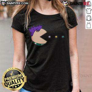 Funny Pill Man Pac-Man Ladies Tee featuring a quirky graphic of Pac-Man with a pill theme, perfect for gamers and humor lovers.
