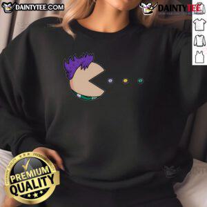 Funny Pill Man Pac-Man sweatshirt featuring colorful graphics of Pac-Man and pills, perfect for gamers and quirky fashion lovers.