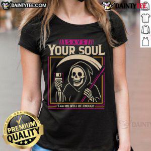Funny 'Save Your Soul' Grim Reaper ladies tee featuring a floppy disk design, perfect for quirky fashion lovers.